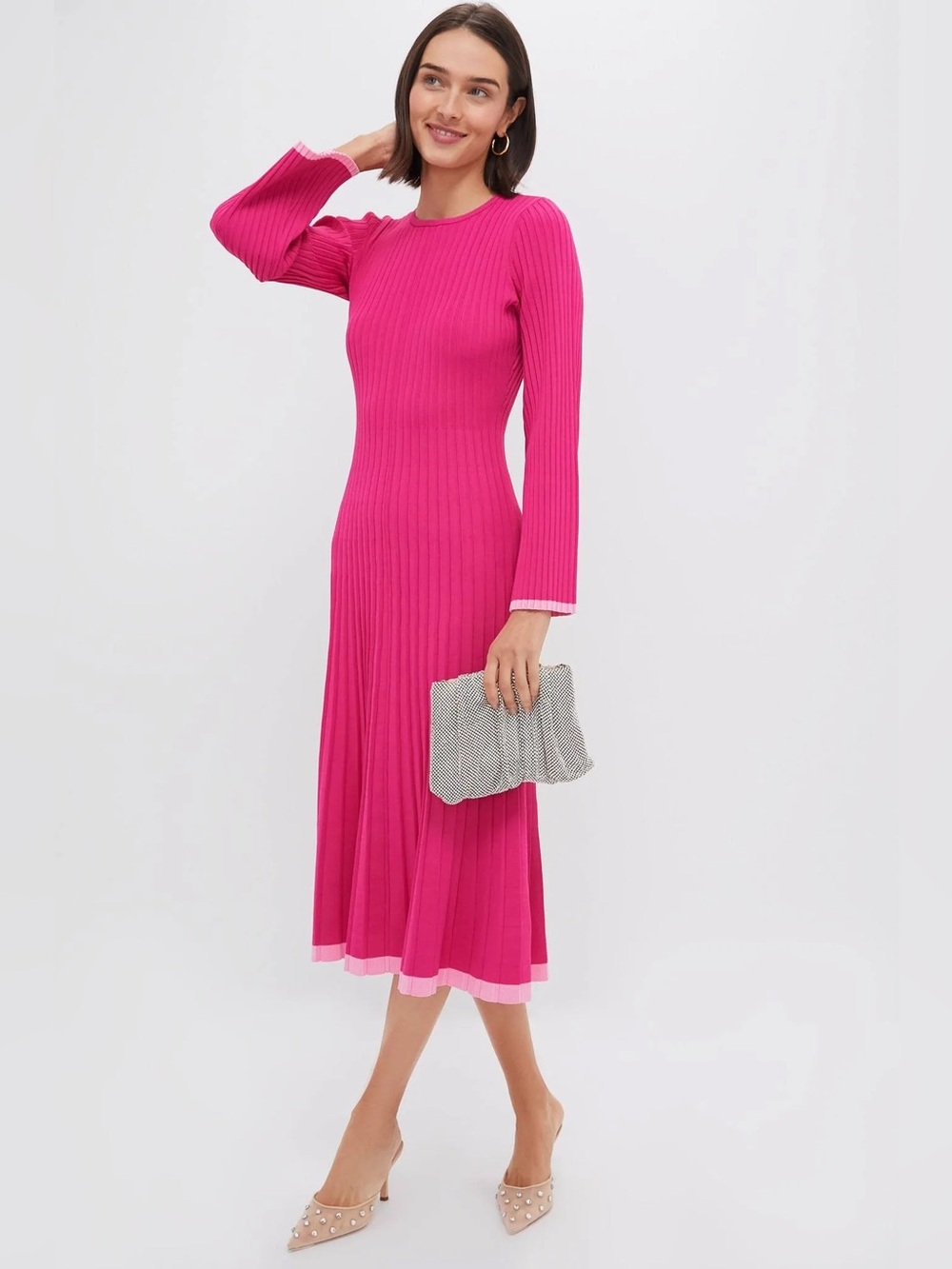 Hyacinth House Kiera Ribbed Knit Midi Dress Fuchsia Hot Pink Contrast Trim XL